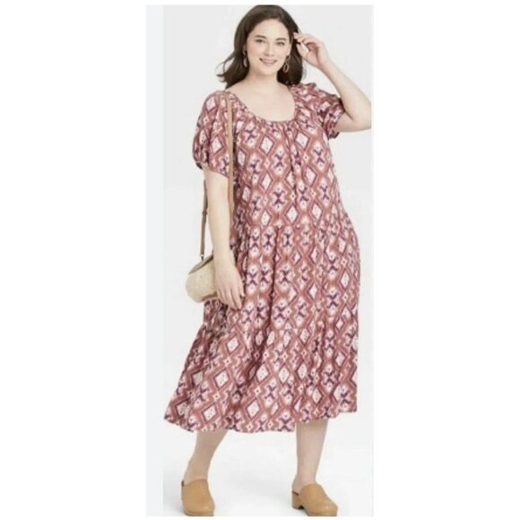 Knox Rose Womens 1X Puff Short Sleeve Tiered A-Line Dress Boho Rust & White - Picture 2 of 11